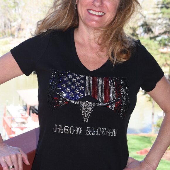 Jason Aldean Rhinestone  bling black short sleeved Vneck shirt  XS,S,M,L,XL,XX… - Picture 8 of 9